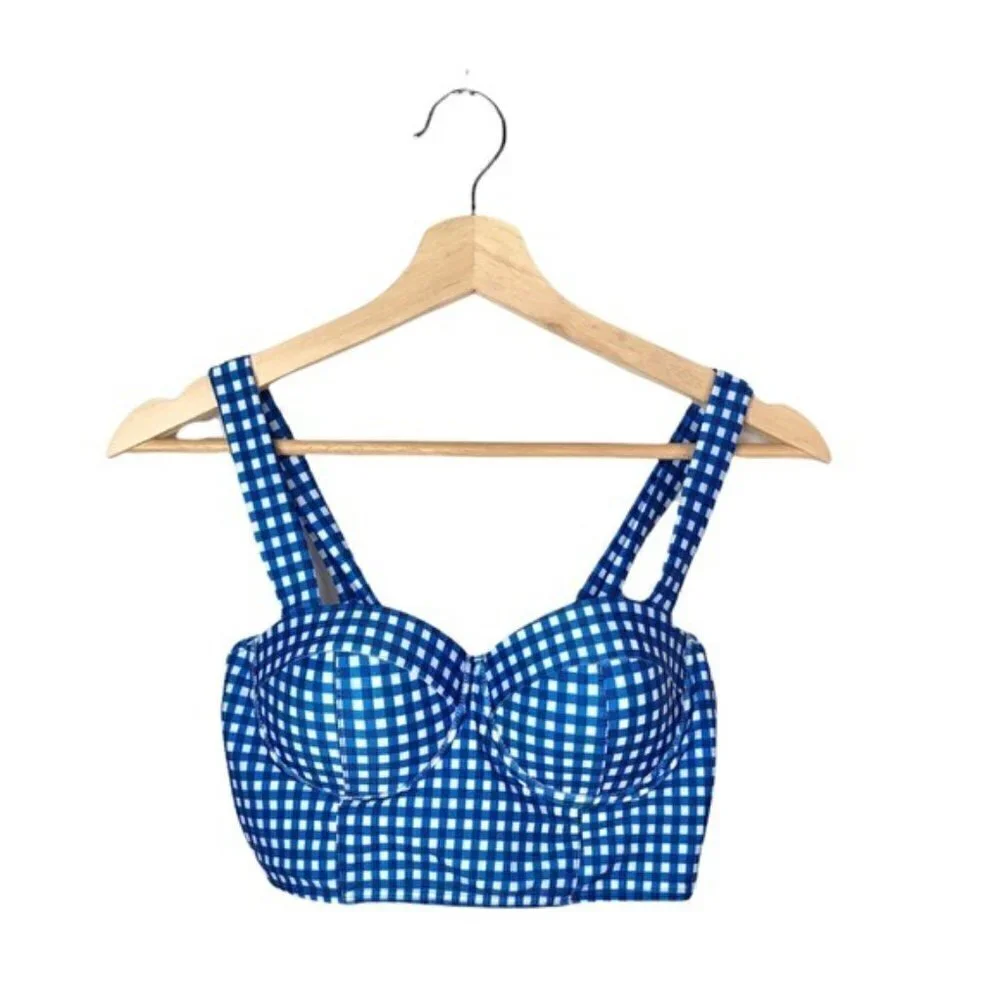 Boutique Aiosnuo Blue Checkered Pinup Swim Top XL